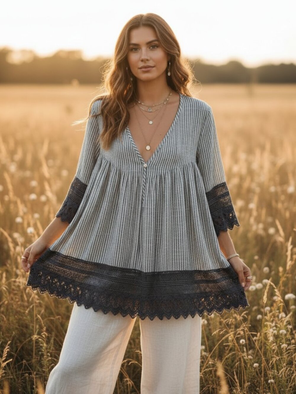 V Cristina S Gray Striped V Neck Lace Crochet Top‎ Cotton Pintuck Boho Chic